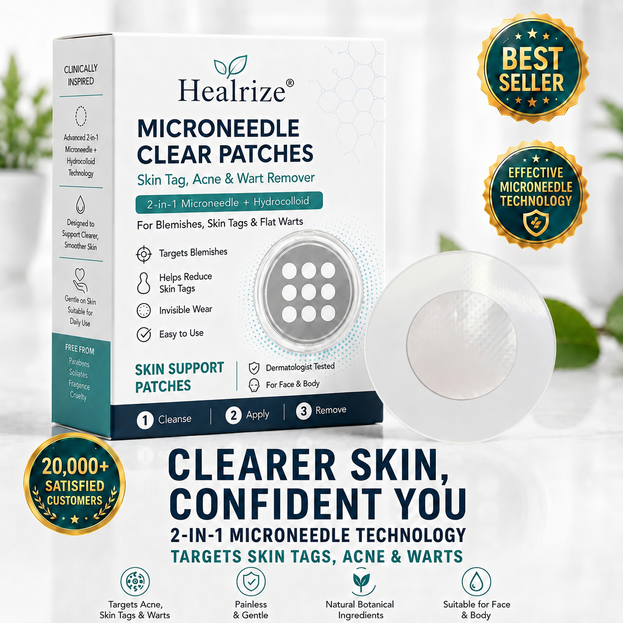 💞💞🇬🇧𝐇𝐞𝒂𝒍𝗿𝗶𝙯𝙚®2-in-1 Microneedle & Hydrocolloid Patch🛡️| Removes Raised Moles, Acne, Flat Warts & Skin Tags | Helps Improve Wrinkles, Scars & Blemishes | Invisible Patches for Face & Body